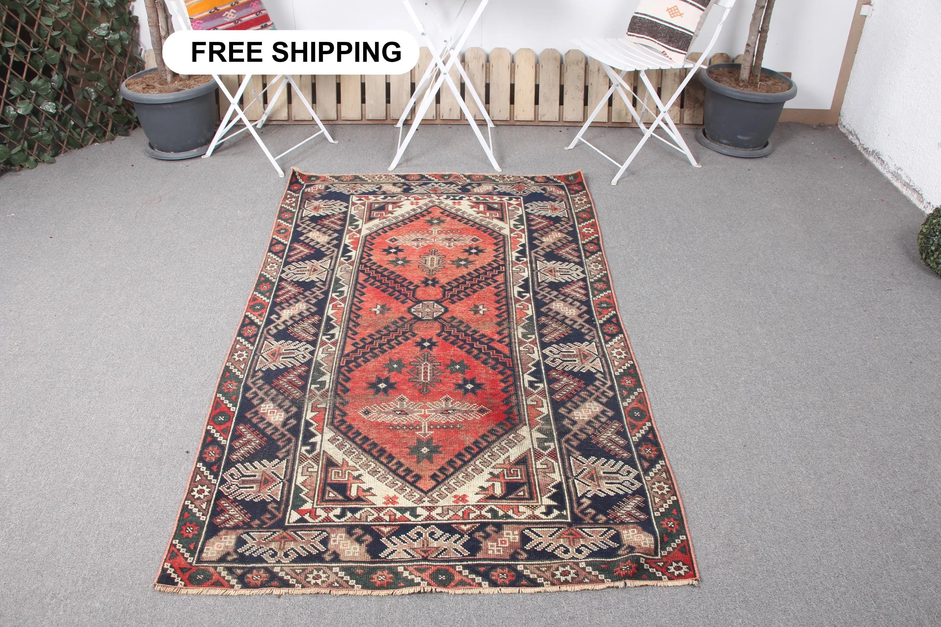 Vintage Türk Halısı 3.7x6.1 ft (113x187 cm), Kırmızı Mavi Soyut Halı - 1