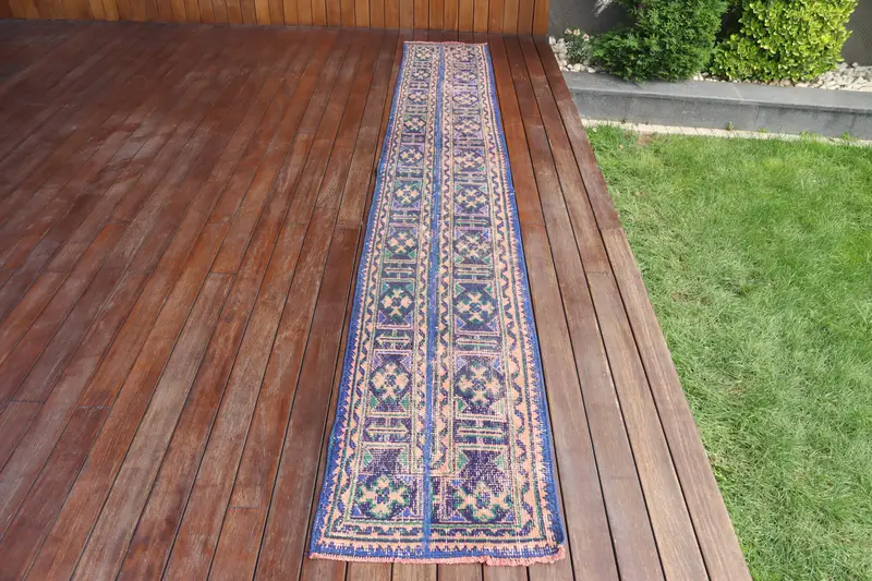 Türk Vintage Runner Halısı 1.7x11.2 ft, Oushak Mavi Yün Halı - 1