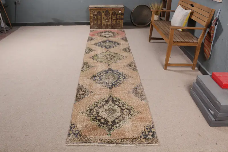 Vibrant Orange Rug, 2.6x11.3 ft Floral & Geometric Design