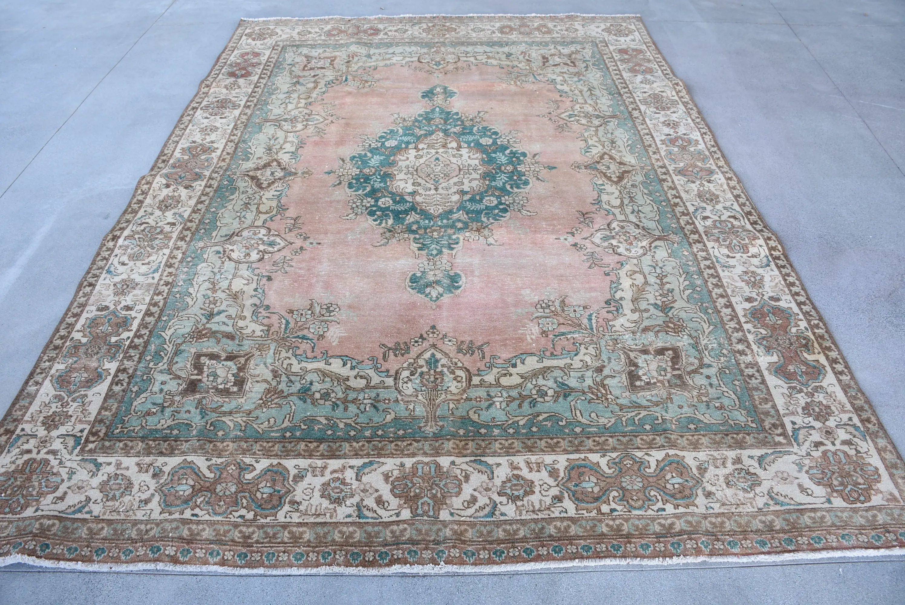 Turkish Vintage Rug 8.8x12.5 ft (268x381 cm), Blue Floral Rug - 1