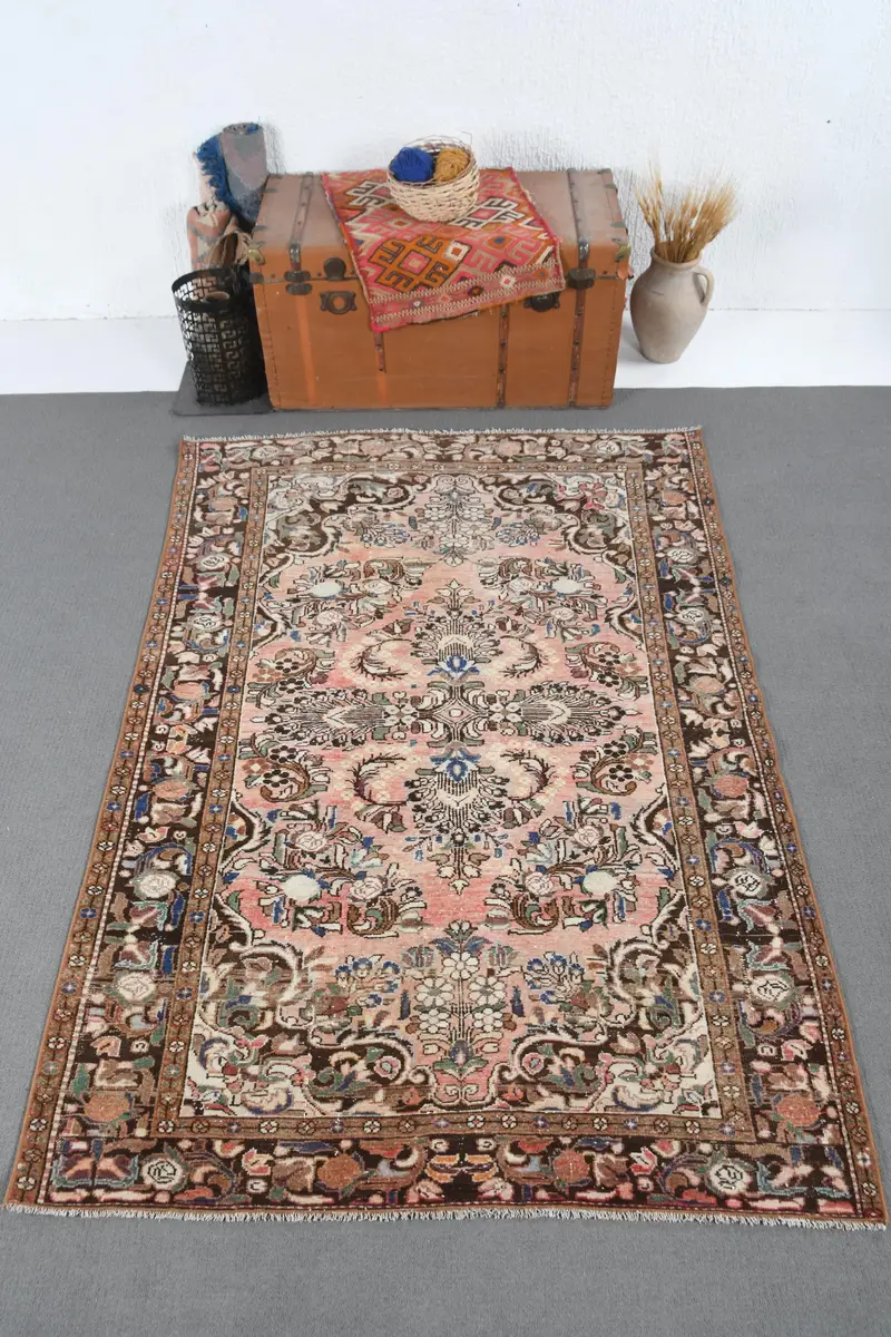 Türk Vintage Halısı 4.7x6.8 ft, Kahverengi Oushak İkat Halısı - 1