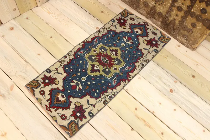 Turkish Rug, 1.3x3.1 ft Vintage Rug, Blue Red Animal Print Wool Rug - 1