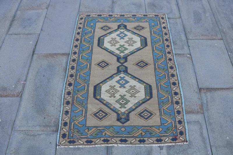 Turkish Vintage Rug, 2.5x3.6 ft Oushak Rug, Blue Ombré Wool Rug - 1