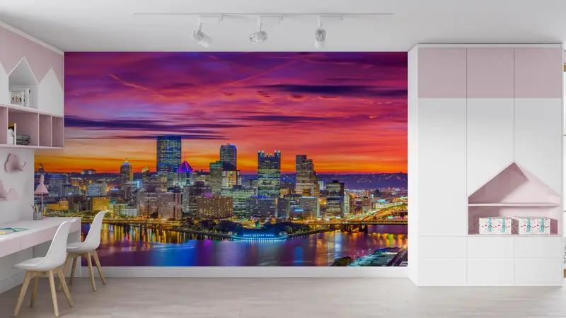 Pennsylvania Papierkunst, Tapepapier, Tapetenpatent, Pittsburg City Wandplakat, Sonnenuntergang Digitalpapier, Tapete Wandkunst, - 6