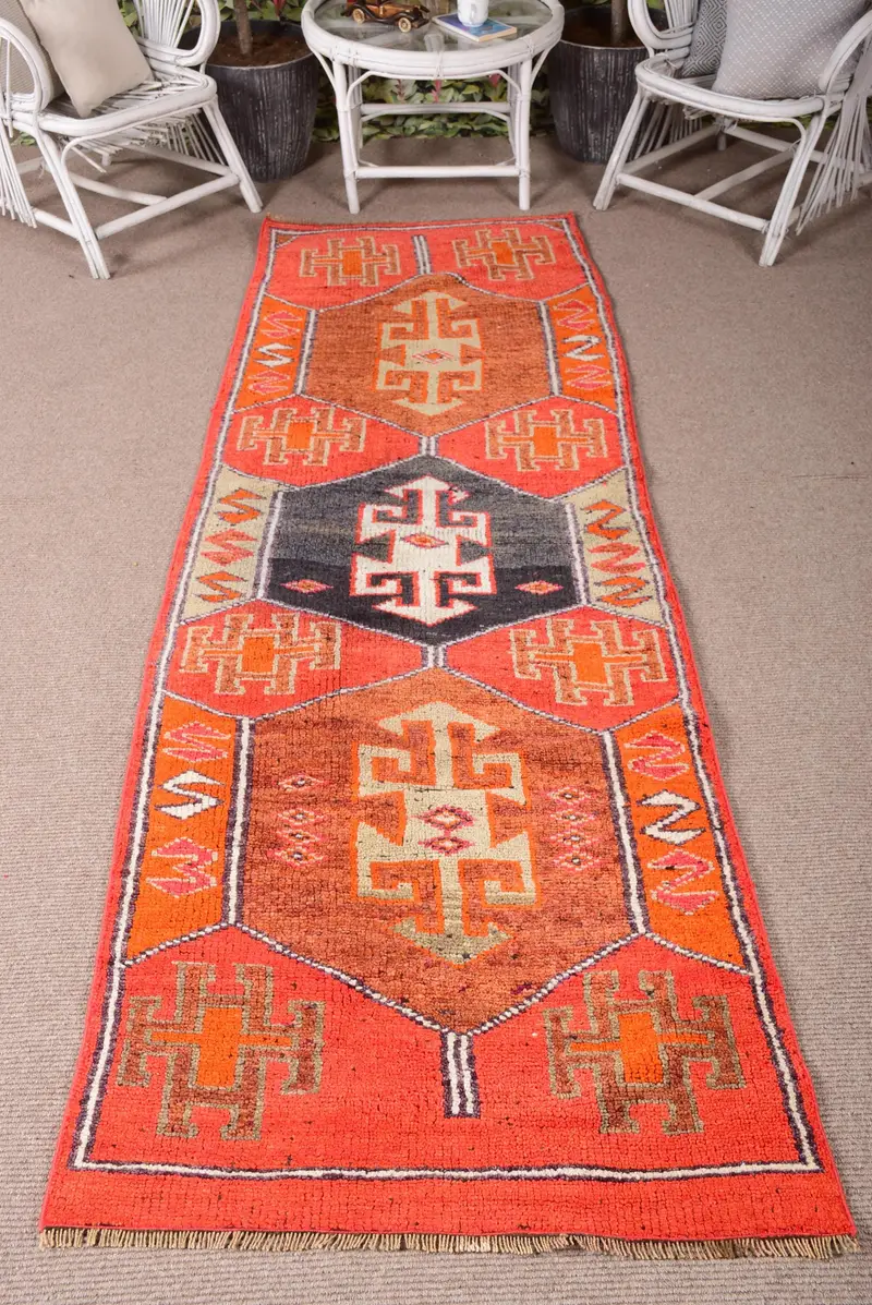 Türk 3.1x9.5 ft Halı, Runner Vintage Halı, Kırmızı Ombré Yün Halı - 1
