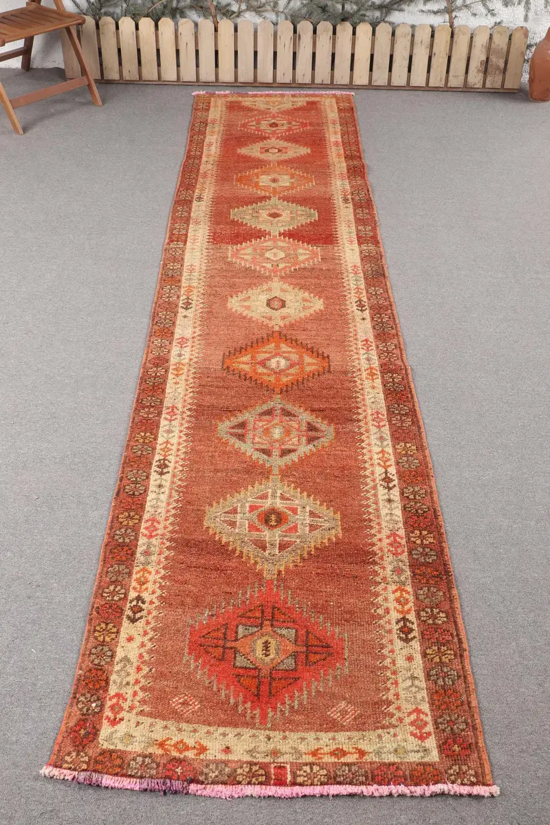 El Yapımı Kırmızı Bronz Patchwork Halı, 2,9x11,5 ft