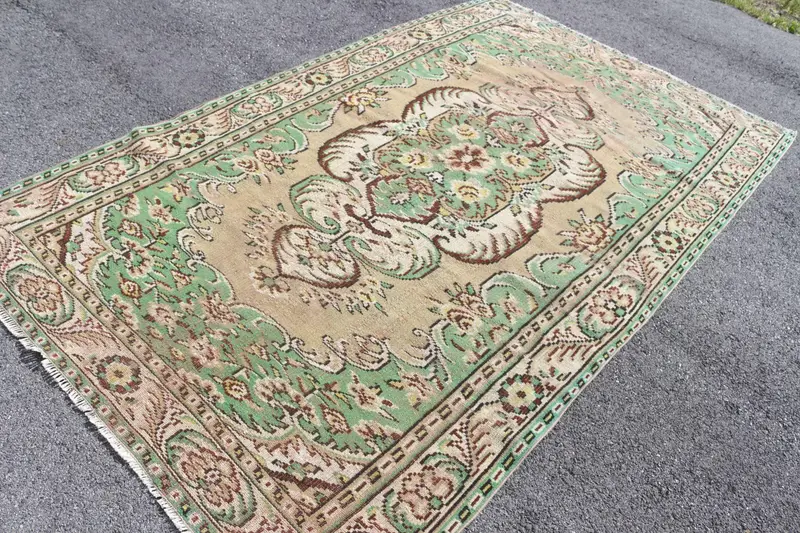 Oushak Halı, 5.3x9.2 ft Vintage Halı, Yeşil Çiçekli Halı Yün - 1
