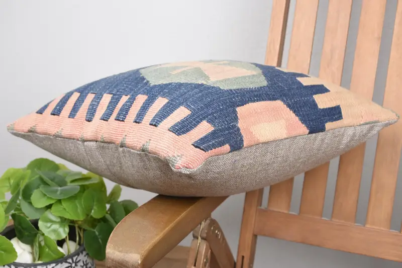 Kilim Pillow Cover, Boho Pillow Sham Cover, Pillow Case, 16x16 Blue Cushion Case, Pillow for Sofa, Pet Pillow, Kilim Rug Cushion Case - 6