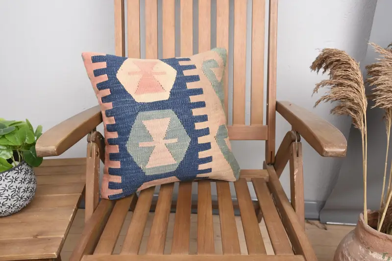 Kilim Pillow Cover, Boho Pillow Sham Cover, Pillow Case, 16x16 Blue Cushion Case, Pillow for Sofa, Pet Pillow, Kilim Rug Cushion Case - 1