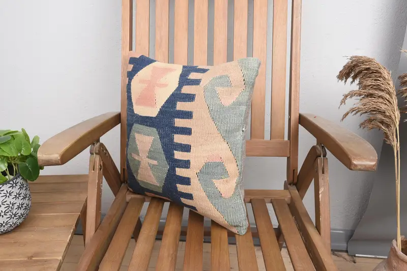 Kilim Pillow Cover, Boho Pillow Sham Cover, Pillow Case, 16x16 Blue Cushion Case, Pillow for Sofa, Pet Pillow, Kilim Rug Cushion Case - 3