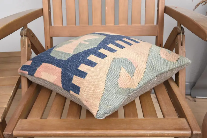 Kilim Pillow Cover, Boho Pillow Sham Cover, Pillow Case, 16x16 Blue Cushion Case, Pillow for Sofa, Pet Pillow, Kilim Rug Cushion Case - 4