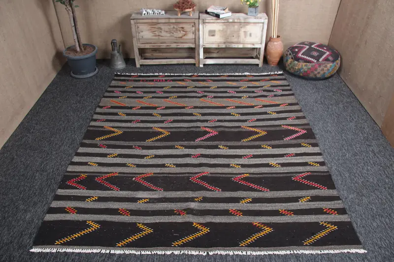 Türk 7x8 ft Halı, Kilim Vintage Halı, Kahverengi Çizgili Halı Yün - 1