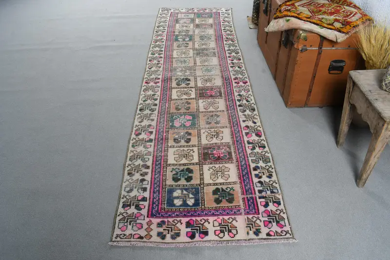 Vintage Rug, 2.5x8.7 ft Runner Turkish Rug, Oushak Blue Pink Ombré Rug - 1