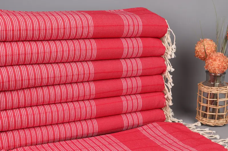 Personalized Turkish Beach Towel Red Stripes, Organic Cotton, 38x71 Inches