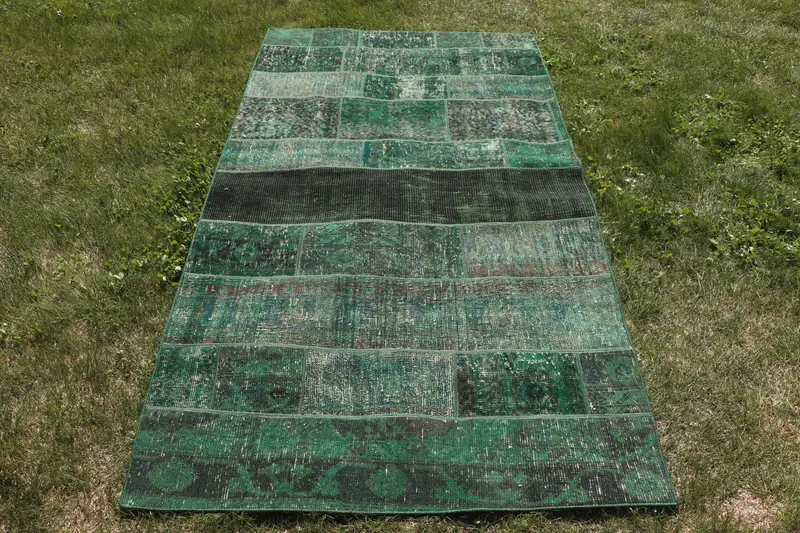 Green, Purple Rug with Plant Patterns, 3,9x7,2 ft