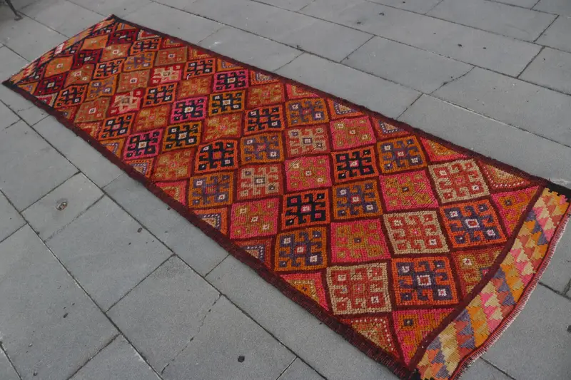 Vintage Teppich, 2,9x9,5 ft Läuferteppich, rot umrandeter türkischer Wollteppich - 1