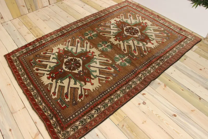 5.2x7.5 ft Türk Oushak Halısı, Kahverengi Bitkiler ve ağaçlar Vintage Yün Halı - 1