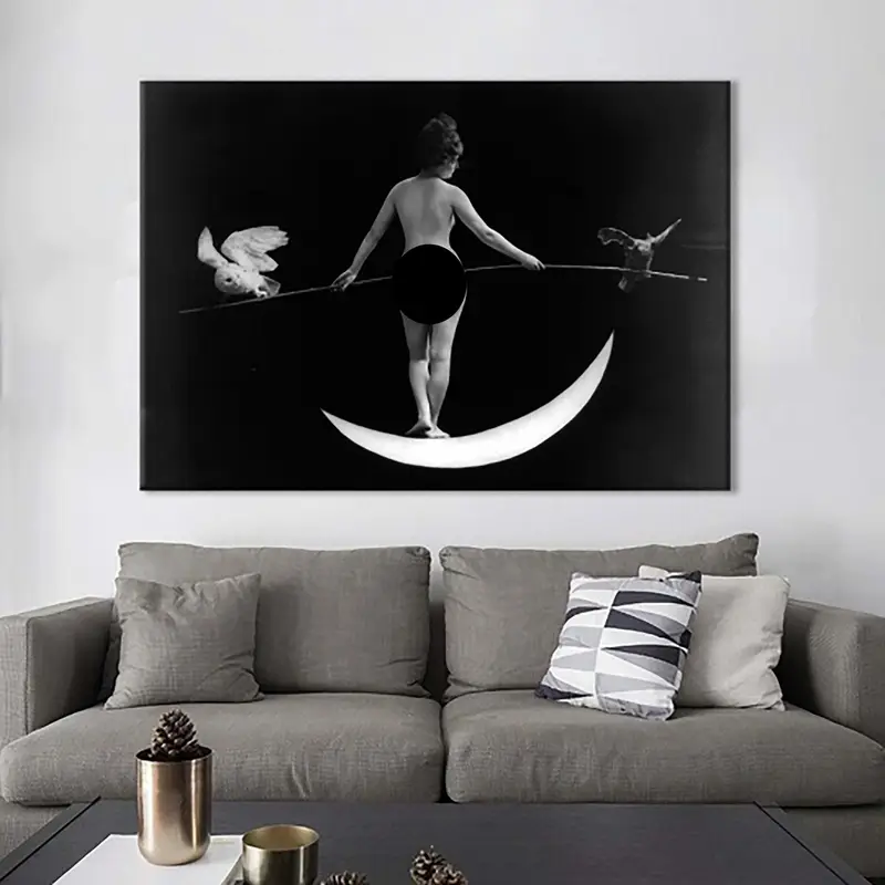 Antique 1895, Nude Woman on Crescent Moon, Night Photo, Frederick Johnson & Co., Holding Bamboo Pole with Live Owl on Each End, Mature, - 1