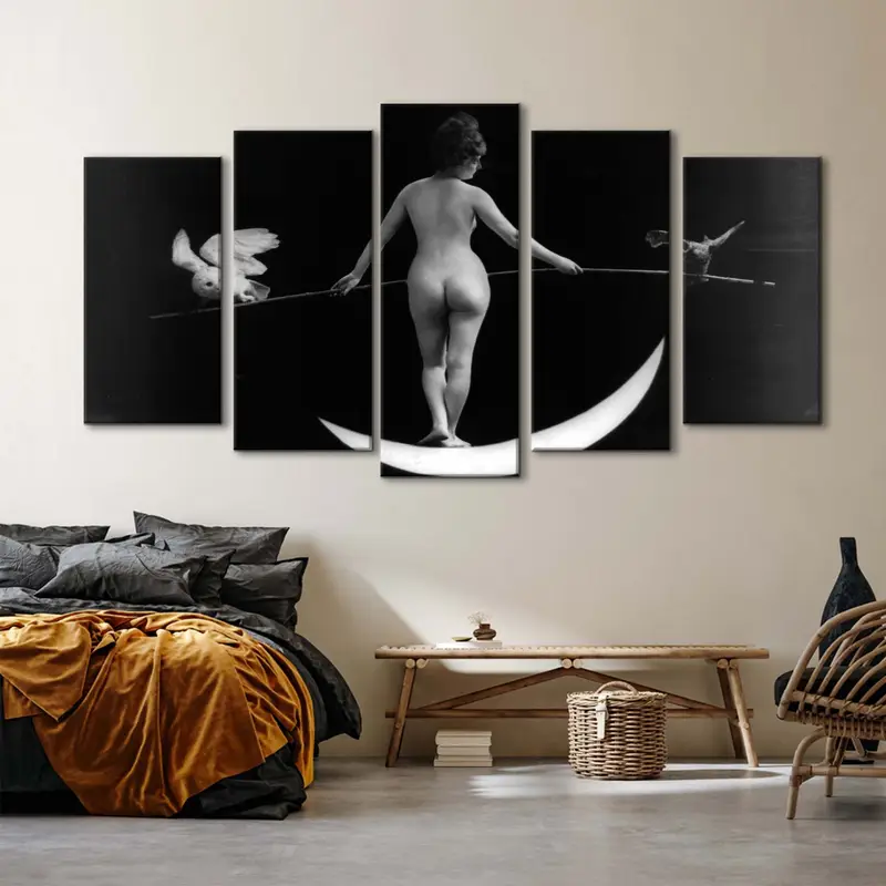Antique 1895, Nude Woman on Crescent Moon, Night Photo, Frederick Johnson & Co., Holding Bamboo Pole with Live Owl on Each End, Mature, - 5