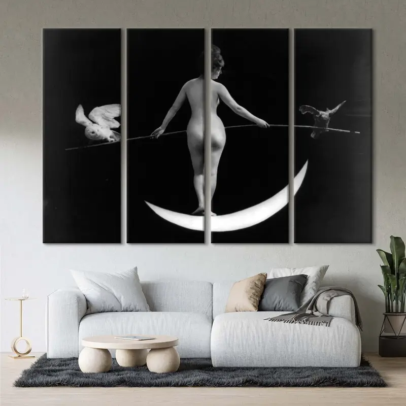 Antique 1895, Nude Woman on Crescent Moon, Night Photo, Frederick Johnson & Co., Holding Bamboo Pole with Live Owl on Each End, Mature, - 3