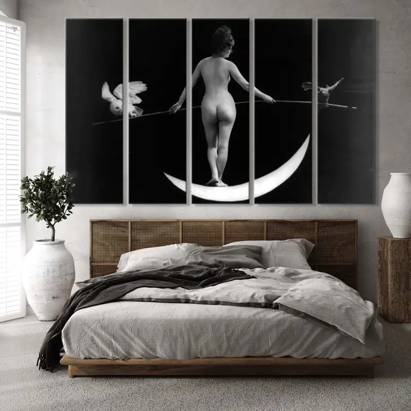 Antique 1895, Nude Woman on Crescent Moon, Night Photo, Frederick Johnson & Co., Holding Bamboo Pole with Live Owl on Each End, Mature, - 4