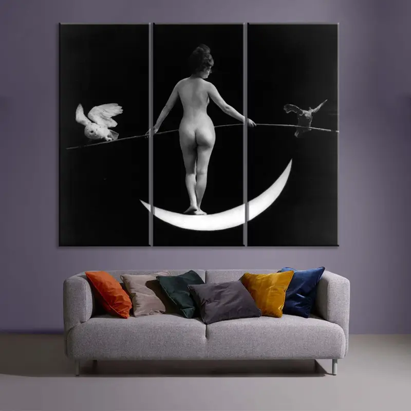 Antique 1895, Nude Woman on Crescent Moon, Night Photo, Frederick Johnson & Co., Holding Bamboo Pole with Live Owl on Each End, Mature, - 2