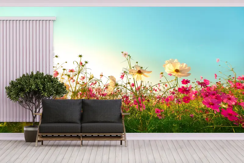 Baskılı Bahar Manzarası Duvar Kağıdı: Pembe Çiçekler ve Doğa Manzarası