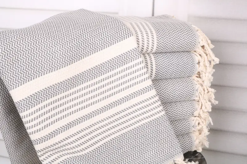 Handmade Custom Beach Towel Dark Gray Cotton Striped, 40x71 Inches