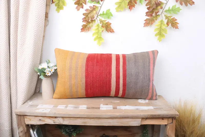 Handmade Kilim Cushion, Vintage Pillow, Ethnic Pillow Cover, Pillow Sham, 12x24 Red Pillow Case, Vintage Kilim Throw Pillow - 1