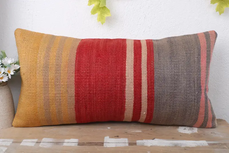 Handmade Kilim Cushion, Vintage Pillow, Ethnic Pillow Cover, Pillow Sham, 12x24 Red Pillow Case, Vintage Kilim Throw Pillow - 2