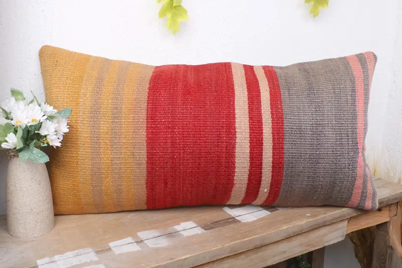 Handmade Kilim Cushion, Vintage Pillow, Ethnic Pillow Cover, Pillow Sham, 12x24 Red Pillow Case, Vintage Kilim Throw Pillow - 4