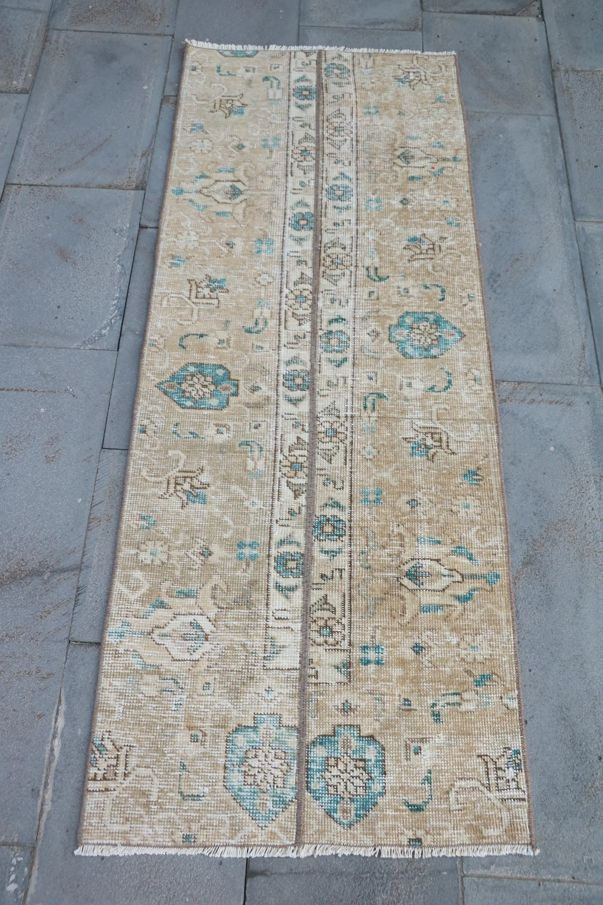 Vintage Rug, Runner 2.1x5.6 ft Turkish Rug, Beige Check Wool Rug - 1