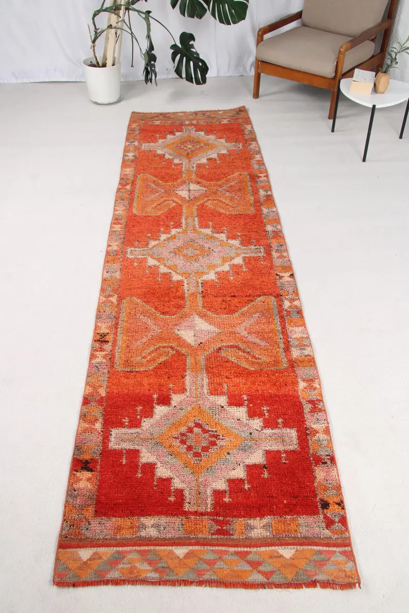 3x11.1 ft Türk Herki Halısı, Vintage Halı, Kırmızı Çizgili Yün Halı - 1