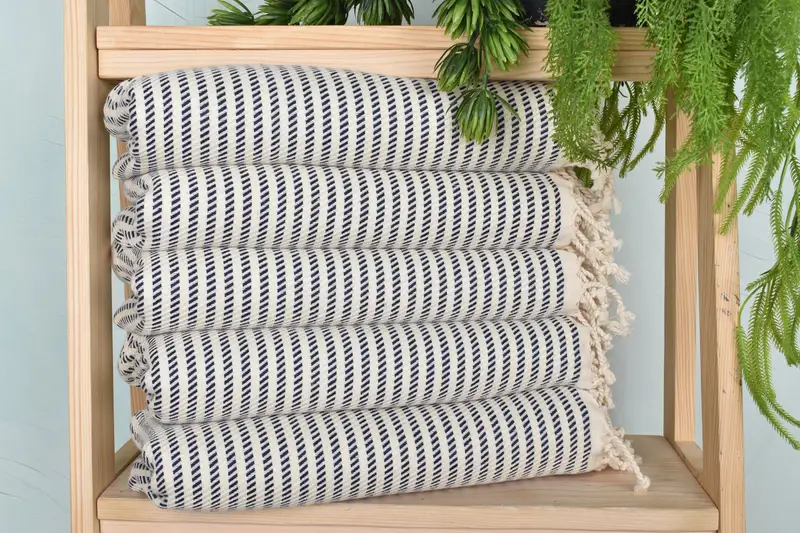 Personalized Polka Dot Navy Cotton Tea Towel, Beige, 40x20 Inches