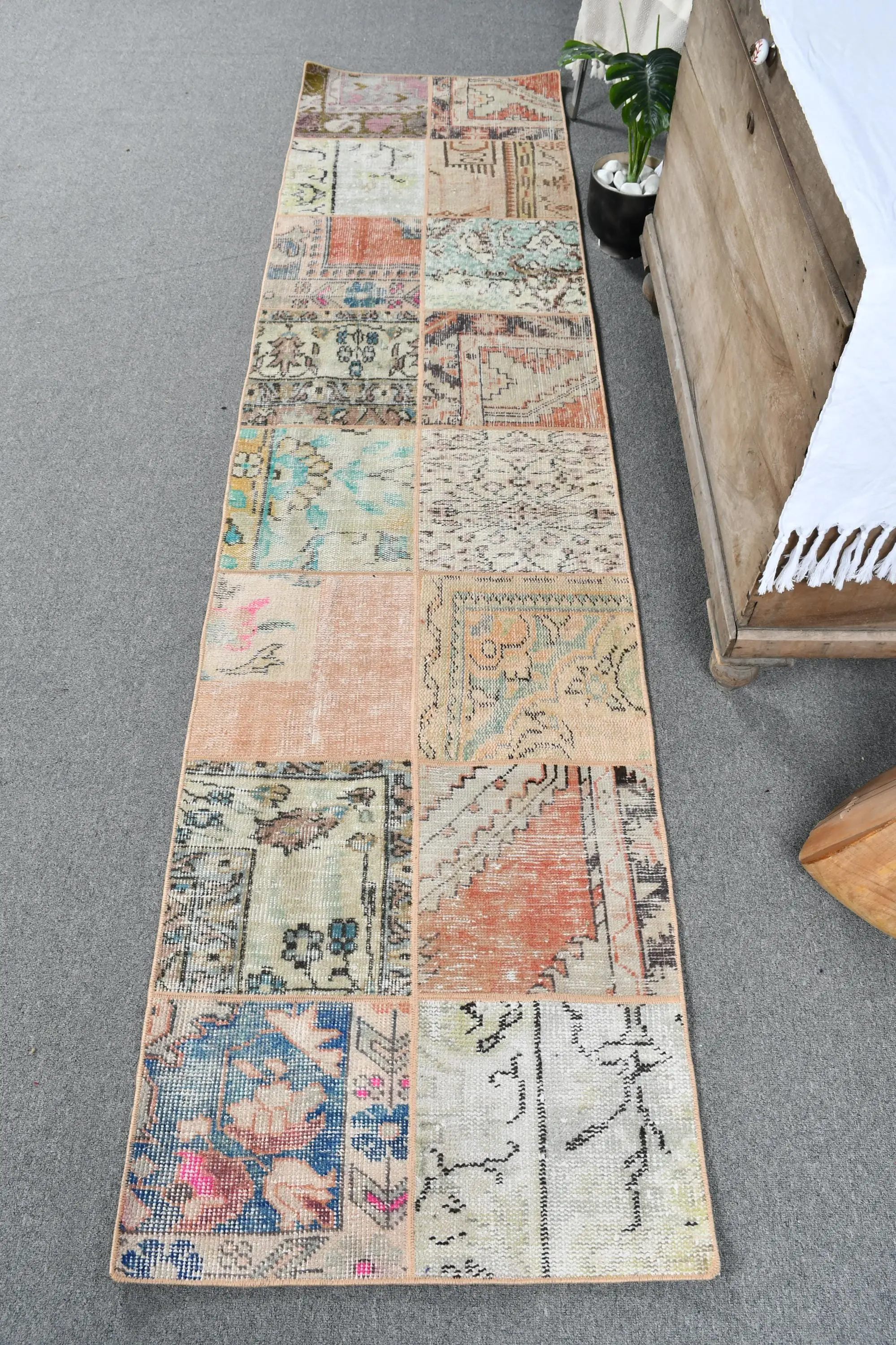 2.2x8.9 ft Runner Vintage Rug, Turkish Rug, Brown Blue Solid Wool Rug - 1