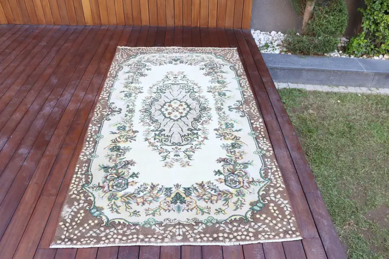 3.8x6.9 ft Oushak Halı, Vintage Türk Halısı, Yeşil Kahverengi Çizgili Halı - 1