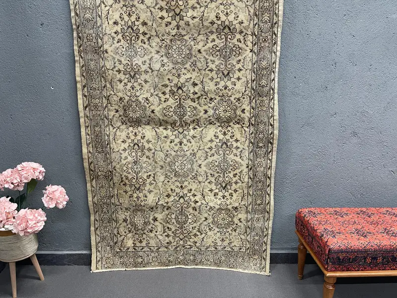 3.9x6.2 ft Vintage Area Rug, Brown Gray Turkish Camouflage Wool Rug - 1