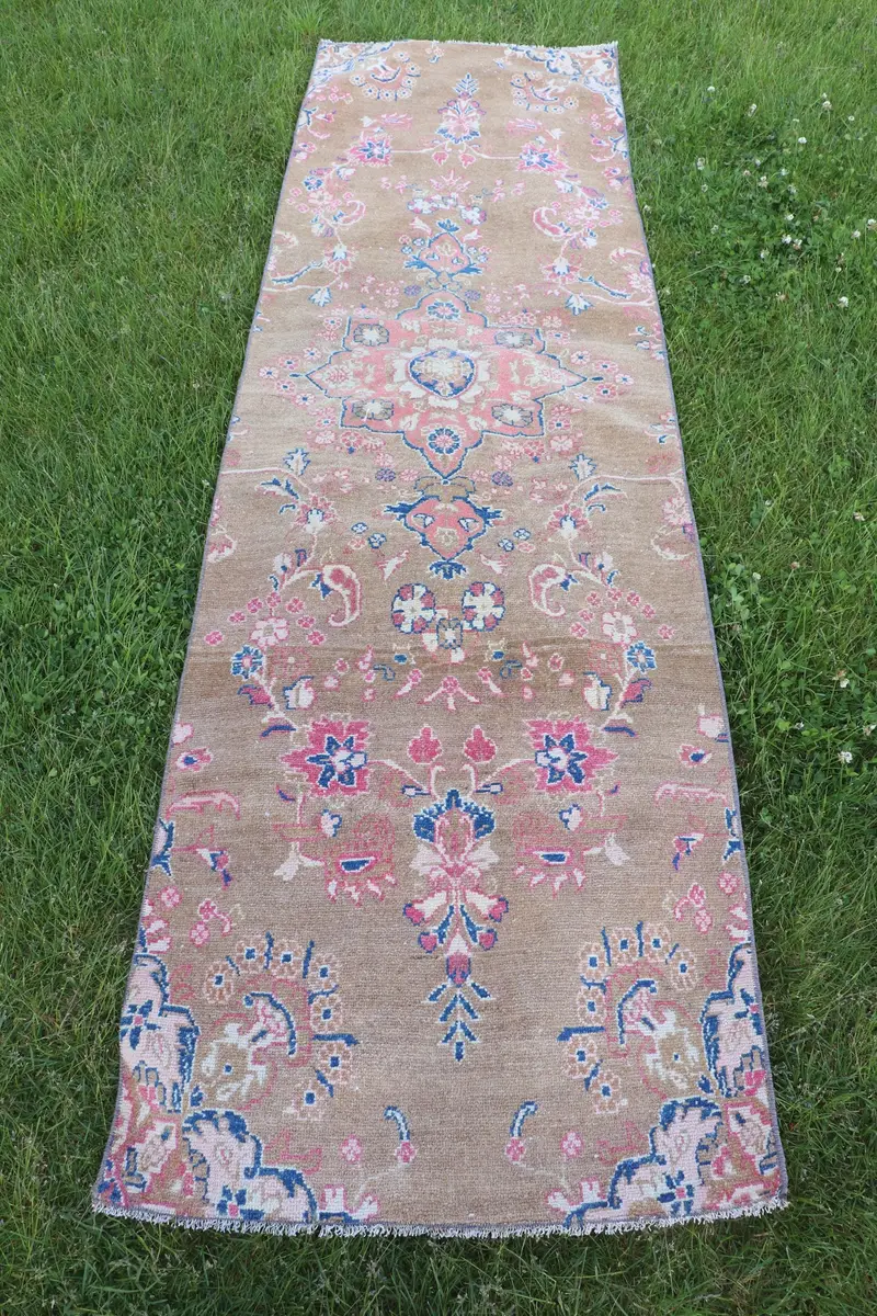 Brauner und blauer Teppich, 2,6 x 8,9 Fuß, einfarbiges Muster