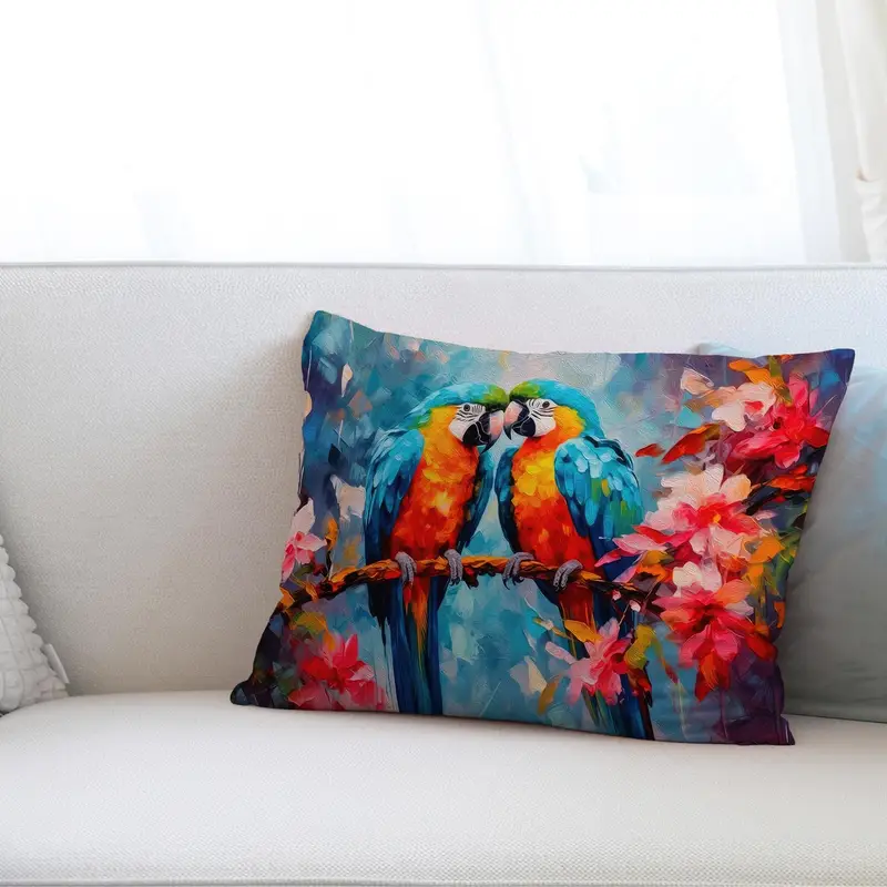 Lebhaftes Kissen mit Papageien-Paar-Aufdruck: Moderner Wohndekor-Akzent