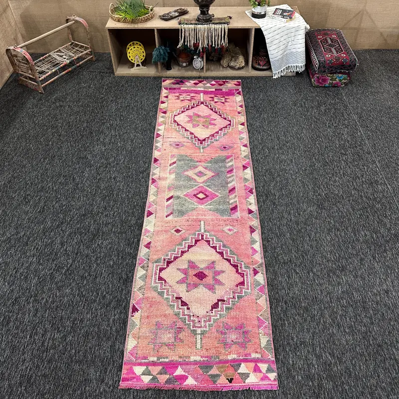 Vintage Türkischer Teppich 2,6x10 ft, Rosa Herki Südwestteppich - 1