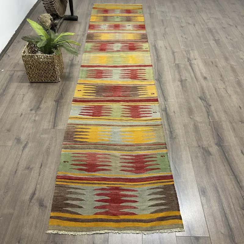 Yellow Oriental Rug, 2,6x11,8 ft with Red Accents