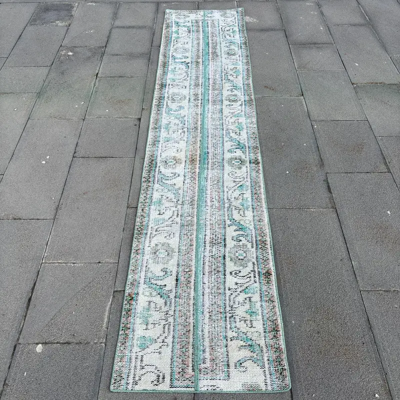 Alfombra vintage de 1,8x8,7 pies, alfombra de corredor turco, alfombra de lana Ombré blanca azul - 1