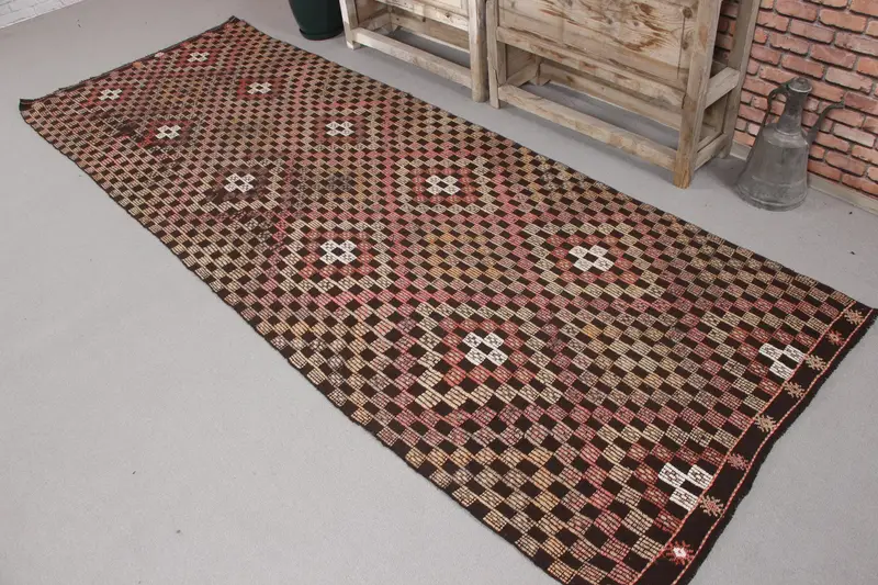 3.4x9.7 ft Halı, Türk Vintage Halısı, Kilim Kahverengi Çiçekli Halı - 1