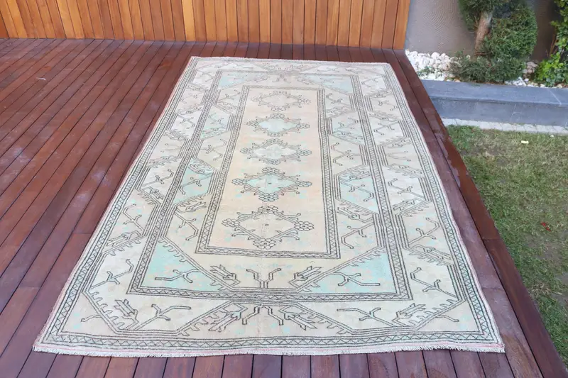 5.2x8.4 ft Turkish Vintage Rug, Large Rug, Blue Gray Camouflage Wool Rug - 1