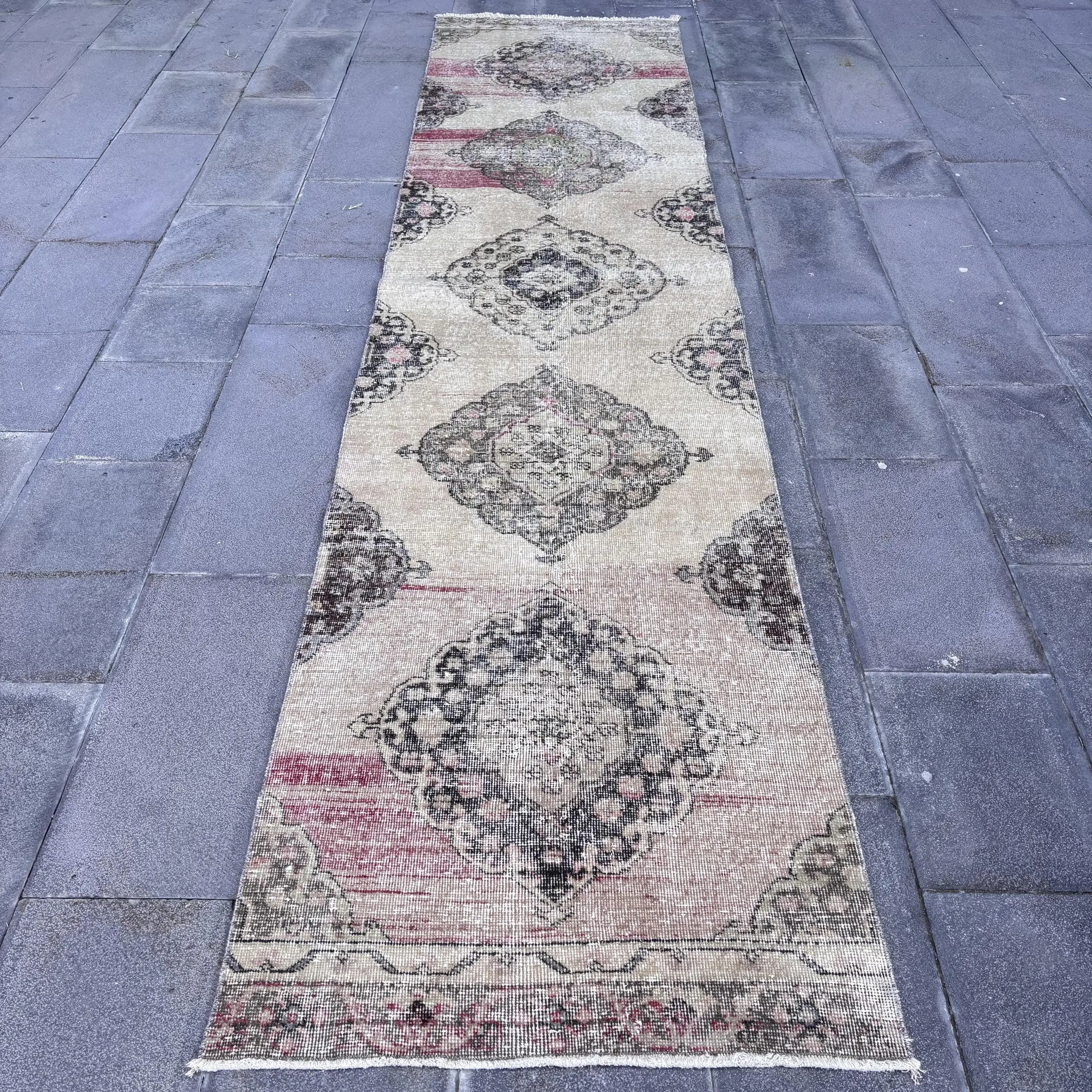 2.8x12.2 ft Turkish Rug, Gray Patchwork Vintage Wool Rug - 1