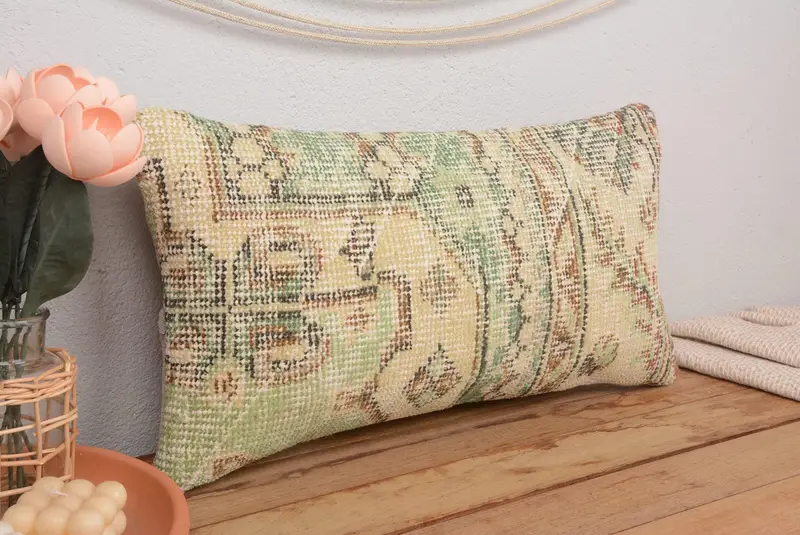 Beige & braun florales Leinenkissen, 12x24 handgemachtes Wurfkissen