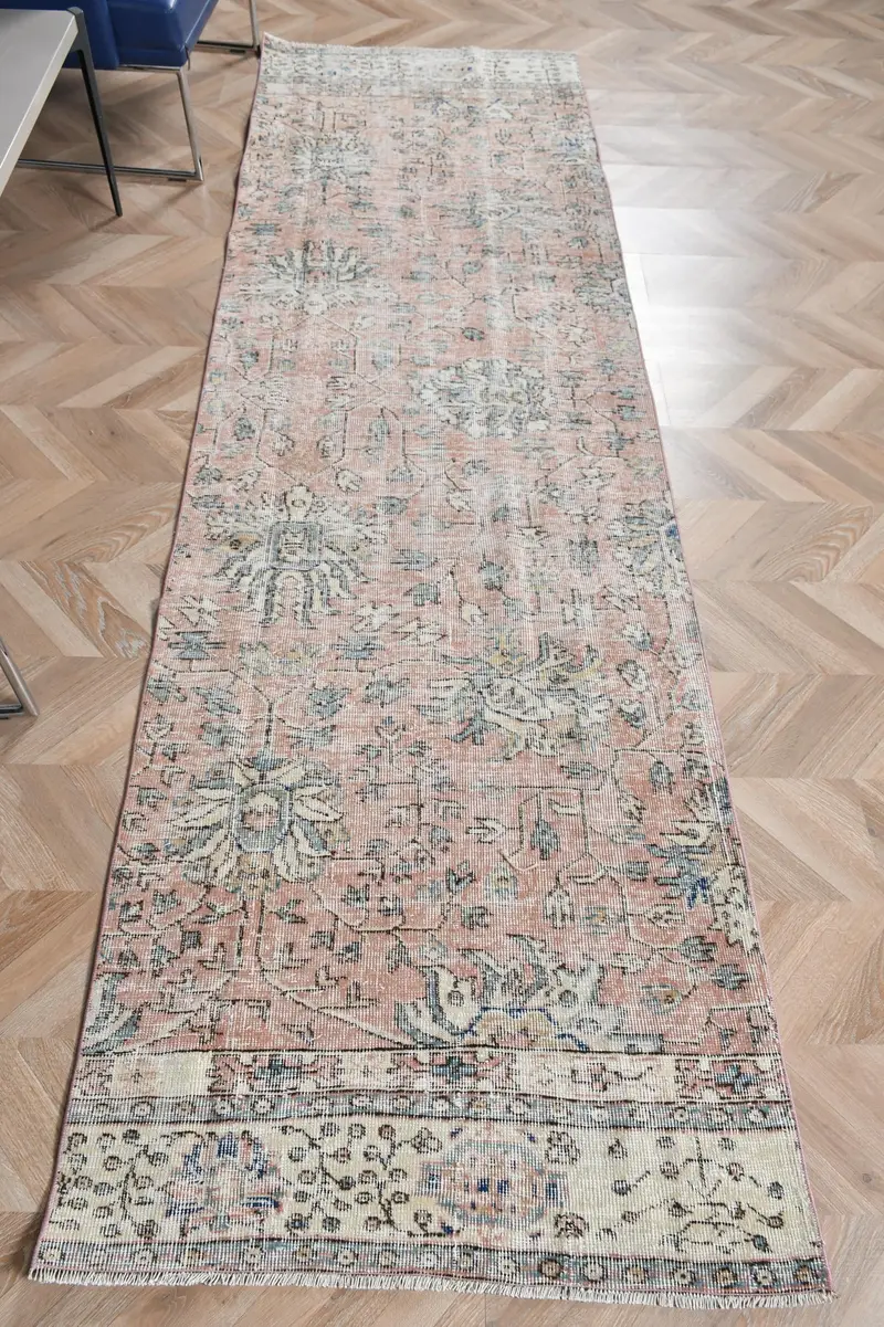Vintage Türk Halısı 2,9x9,6 ft (87x293 cm), Oushak Pembe Yün Halı - 1