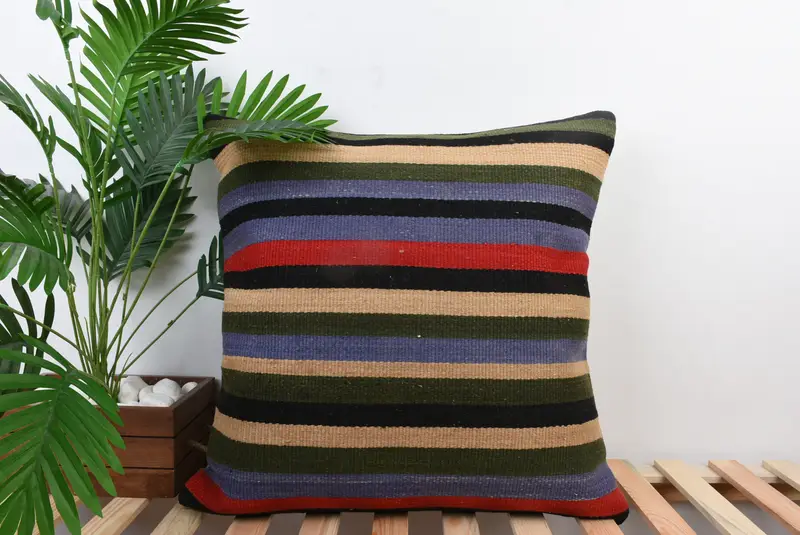 Turkish Kilim Pillow, Outdoor Patio Pillow Cover, Ethnic Cushion Case, Gift Pillow, 24x24 Blue Pillow Cover, Vintage Pillow, Cushion Cover - 1