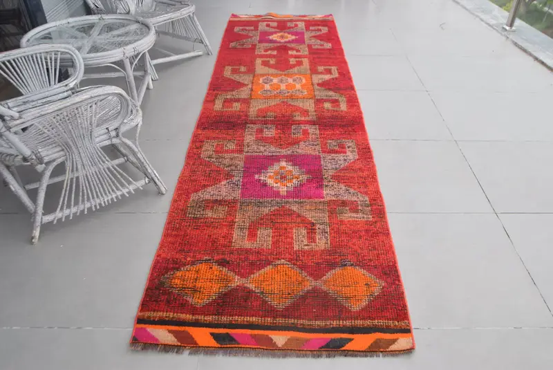Alfombra Herki turca vintage 3,1x11,2 pies (93x342 cm), alfombra de lana oriental roja - 1