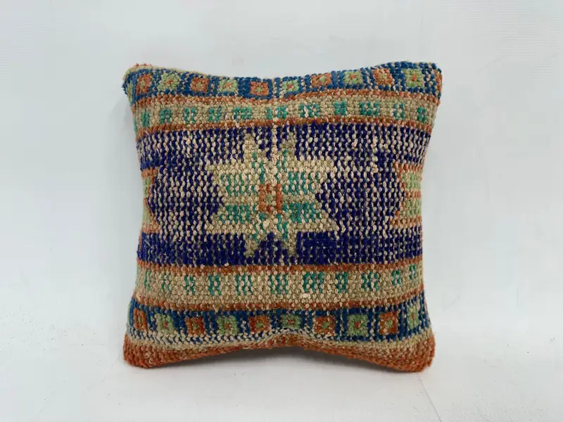 Kilim Pillow Cover, Kilim Cushion Sham, Ethnical Kilim Rug Pillow, Pillow, Ethnic Pillow Cover Cushion Case, 12x12 Blue Pillow Sham - 1